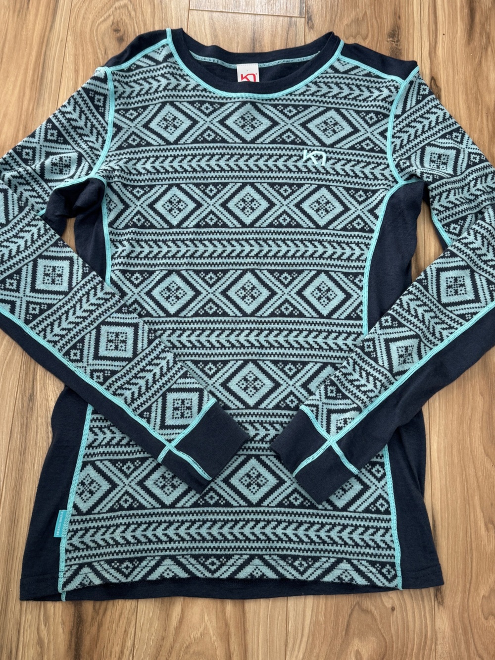 Kari Traa Womens Floke Teal Blue Merino Wool Modal Base Layer Nordic Fair Isle L